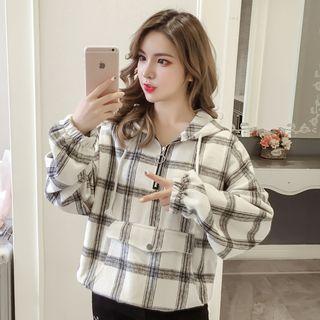 Long-sleeve Hooded Zip-front Check Top