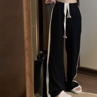 Drawstring Two-tone Wide Leg Pants Black - One Size