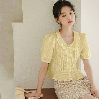 Puff-sleeve Wide-collar Buttoned Crop Top