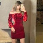 Lantern-sleeve Off-shoulder Velvet Mini Sheath Dress