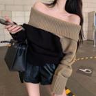 Color-block Off-shoulder Loose-fit Sweater As Figure - One Size