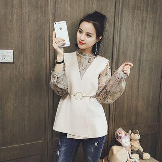 Set: Floral Print Chiffon Blouse + Vest
