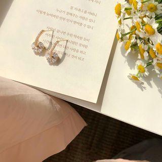 Rhinestone Flower Half Hoop Earring 1 Pair - 925 Silver Needle Earrings - One Size