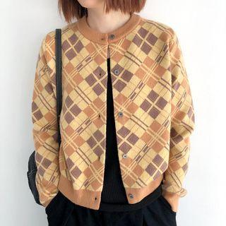 Plaid Button-up Knit Jacket Khaki - One Size