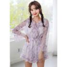Tassel-neck Frilled Floral Chiffon Playsuit