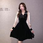 Long-sleeve Two Tone Velvet A-line Dress