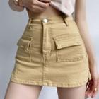 High-waist Pocketed Split Denim Mini Skirt