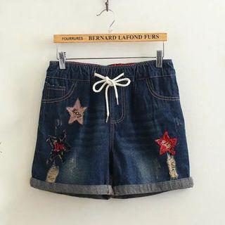 Star Embroidered Drawstring Denim Shorts