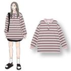 Striped Long-sleeve Polo Shirt Polo Shirt - Red Stripe - Pink - One Size