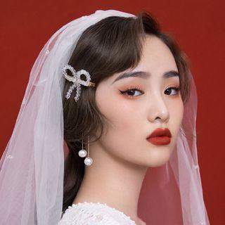 Wedding Bow Faux Crystal Hair Clip / Faux Pearl Dangle Earring / Set