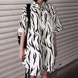 Set: Elbow-sleeve Printed Shirt + Shorts Set - Shirt & Shorts - Black Print - White - One Size