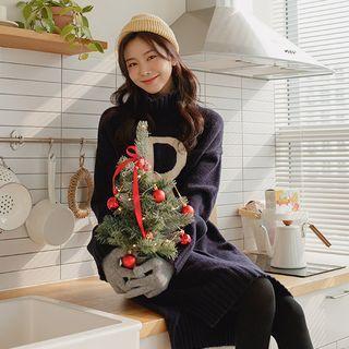 Turtle-neck Letter Midi Sweater Dress