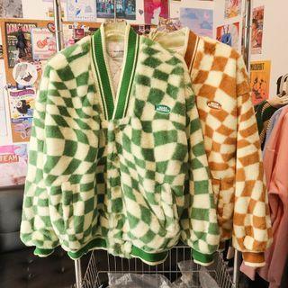 Checkerboard Fleece Button-up Jacket