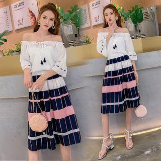 Tassel Detail Off-shoulder Elbow-sleeve Top / Color Block A-line Skirt / Set
