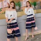 Tassel Detail Off-shoulder Elbow-sleeve Top / Color Block A-line Skirt / Set