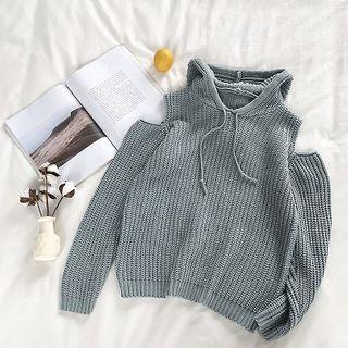 Plain Off-shoulder Long-sleeve Hooded Sweater