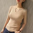Elbow-sleeve Notch Neck Ribbed Knit Top