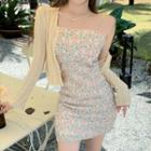 Spaghetti-strap Floral Print Mini Sheath Dress / Pointelle Knit Cardigan