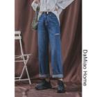 Distressed High-waist Wide Jeans