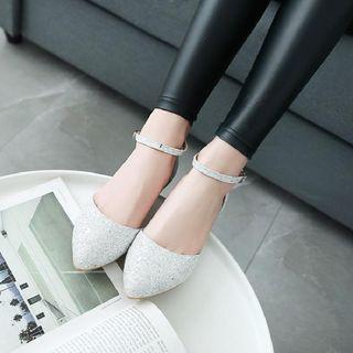 Sequined Ankle-strap Low-heel Pumps
