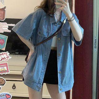 Short-sleeve Striped Denim Loose-fit Shirt