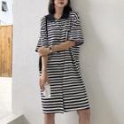 Striped Elbow Sleeve Collared T-shirt Dress As Shown In Figure - One Size