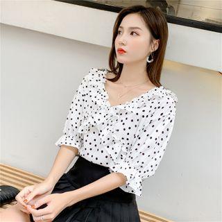 Elbow-sleeve Dotted Frill Trim Blouse