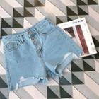 Fray-hem Button-front Denim Shorts