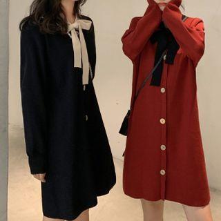 Tie Neck Long-sleeve Buttoned A-line Dress
