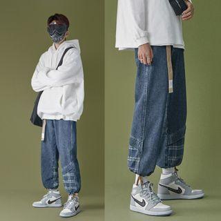 High-waist Washed Plaid Straight-cut Jeans