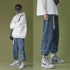 High-waist Washed Plaid Straight-cut Jeans