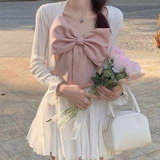 Spaghetti-strap Bow-accent Top/ Pleated Mini Skirt/ Long-sleeve Cardigan