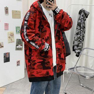 Lettering Camouflage Print Hooded Zip Jacket