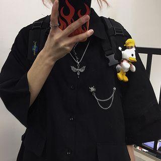 Plain 3/4-sleeve Shirt With Brooch