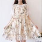 Floral Sleeveless Chiffon Dress / Ruffle Elbow-sleeve Lace Top