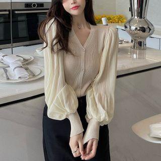 V-neck Pleated Lantern Sleeve Button-up Ribbed Top