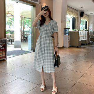 Gingham Short-sleeve Button Midi A-line Dress