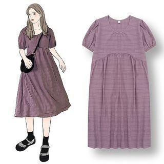 Plain Short-sleeve Shirred Midi A-line Dress Purple - One Size