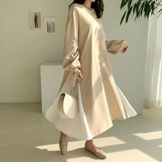 Contrast-panel Oversized Long Flare Dress