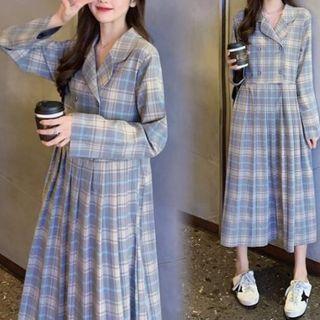 Long-sleeve Midi Plaid A-line Dress As Shown In Figure - One Size