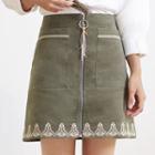 Embroidered Zip Front A-line Skirt