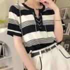 Short-sleeve Lace-up Striped Knit Top Black & White - One Size