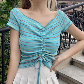 Ruffle Striped Cropped Short-sleeve Top