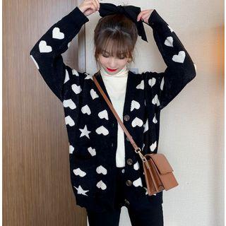 Heart-print Knit Cardigan Black - One Size