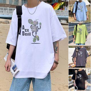 Elbow-sleeve Robot Print T-shirt