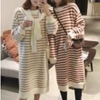 Hooded Tie-front Stripe Midi Sweater Dress