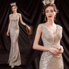 Sleeveless V-neck Ruffle Hem Sheath Evening Gown