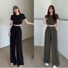 Tie-hem Skinny Crop T-shirt / High-waist Wide-leg Pants