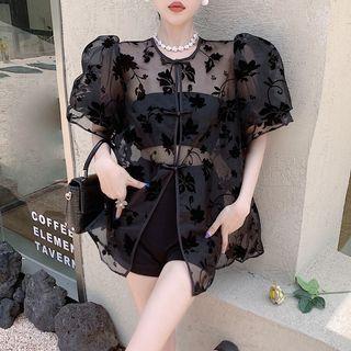 Puff-sleeve Round-neck Flower Embroidered Button-up Top