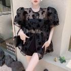 Puff-sleeve Round-neck Flower Embroidered Button-up Top